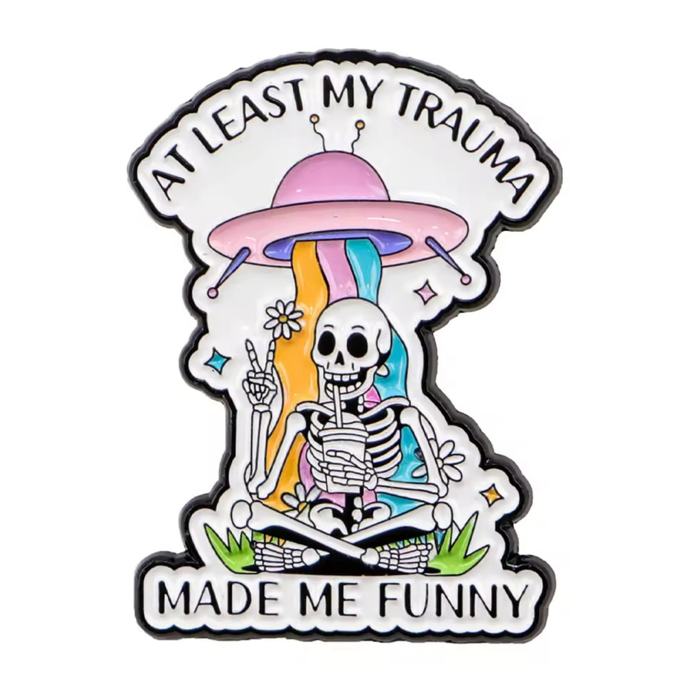 At Least My Trauma Made Me Funny Enamel Pin – Skeleton UFO Pastel Brooch